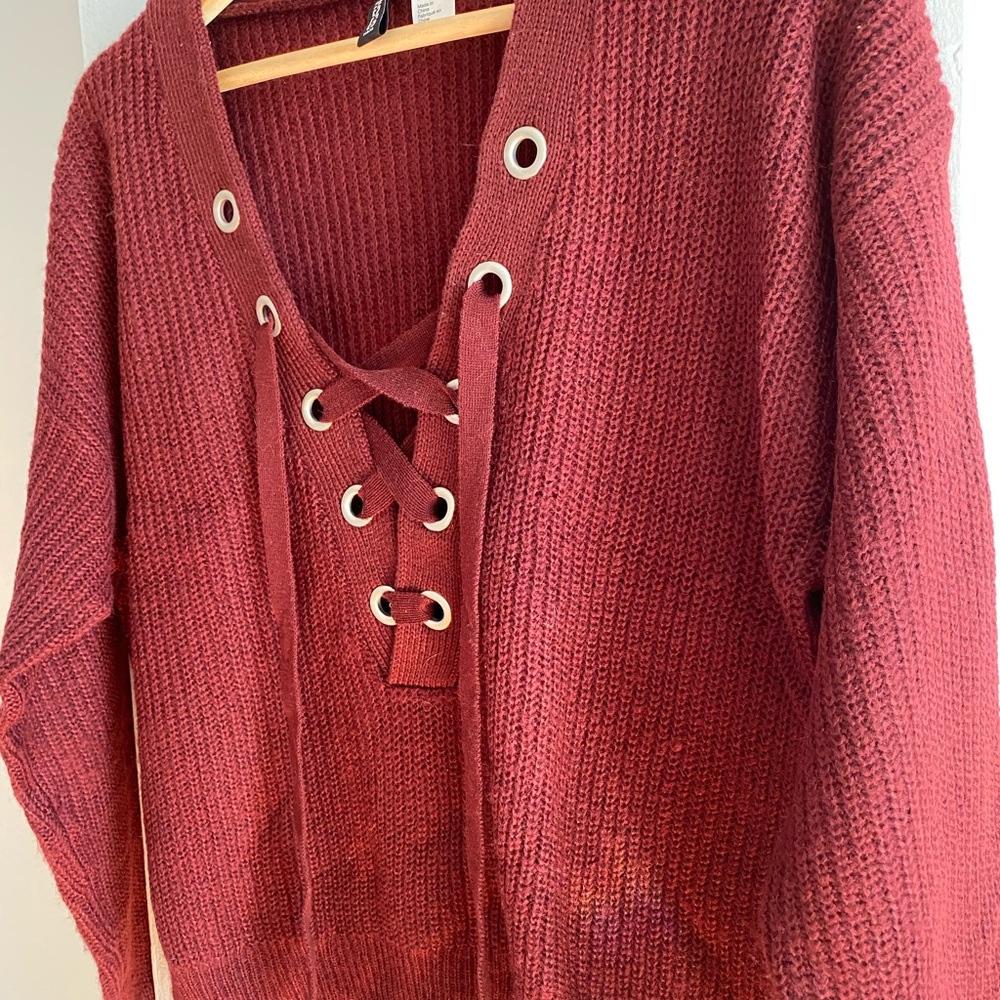 Divided H&M Lace Up Boho Burgundy Sweater